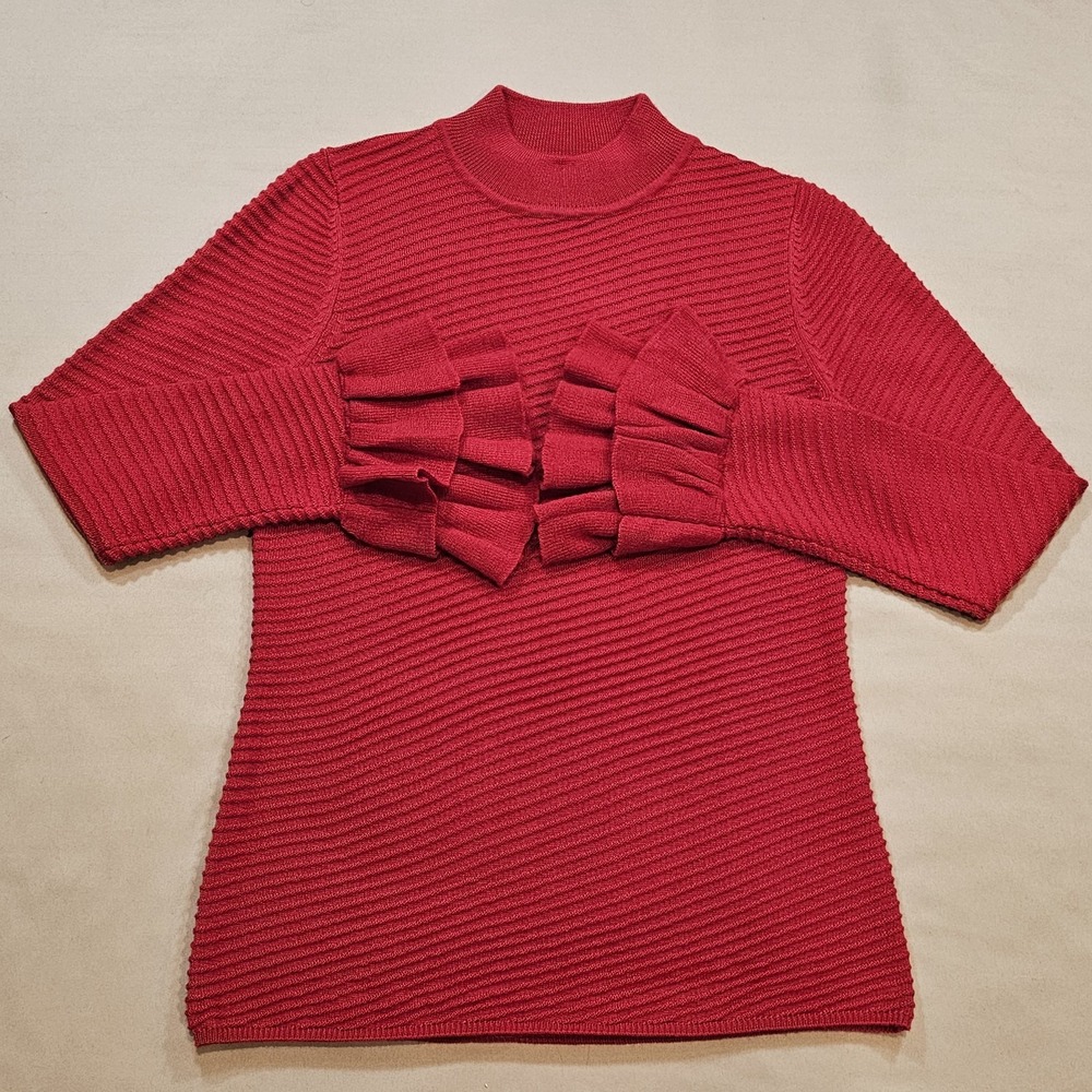 Karl Lagerfeld Womens Red Ribbed Sweater Ruffeled Cuffs Wool Blend Stretch Sz XS